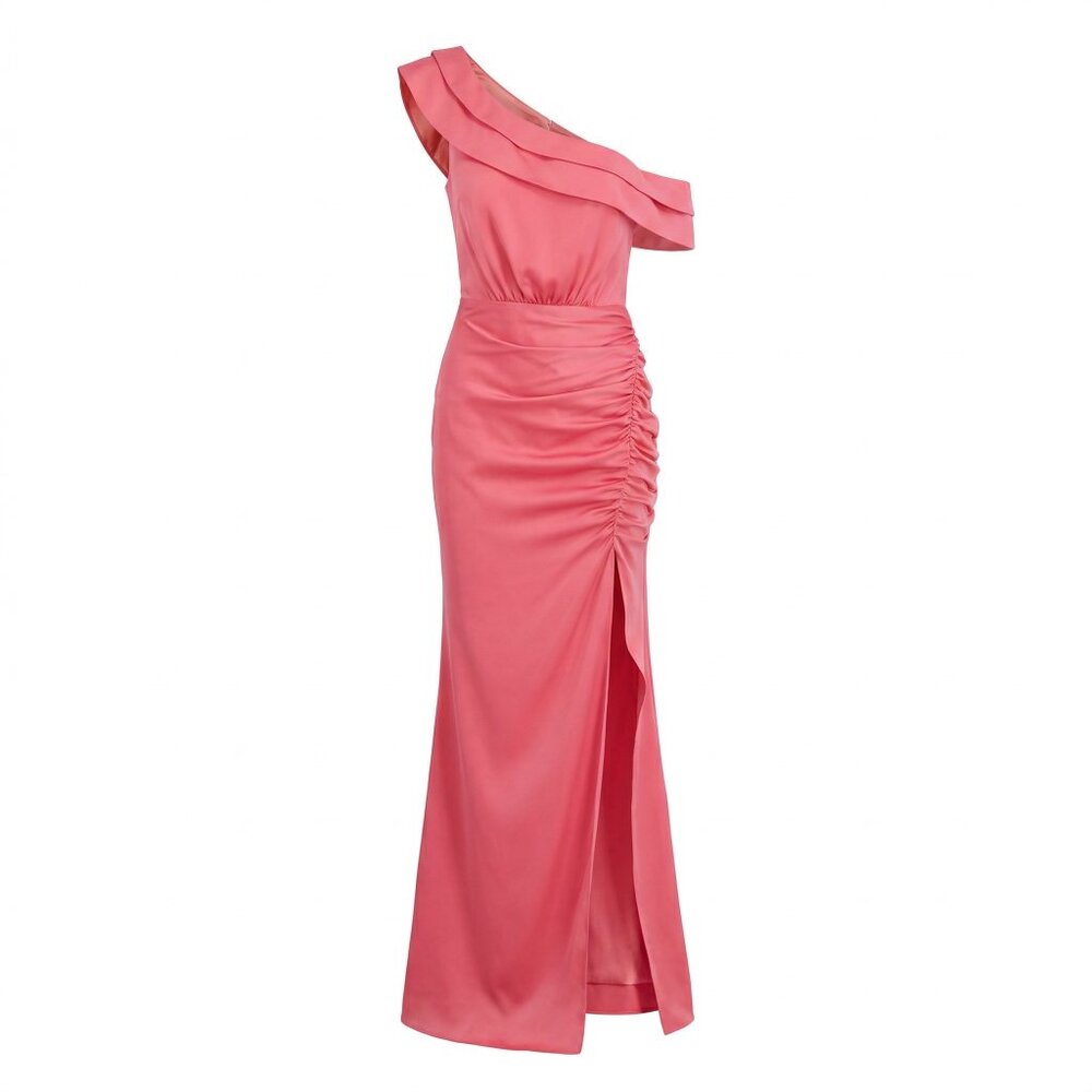 BCBGMAXAZRIA Asymmetric Neck Ruffle Front Maxi Dress